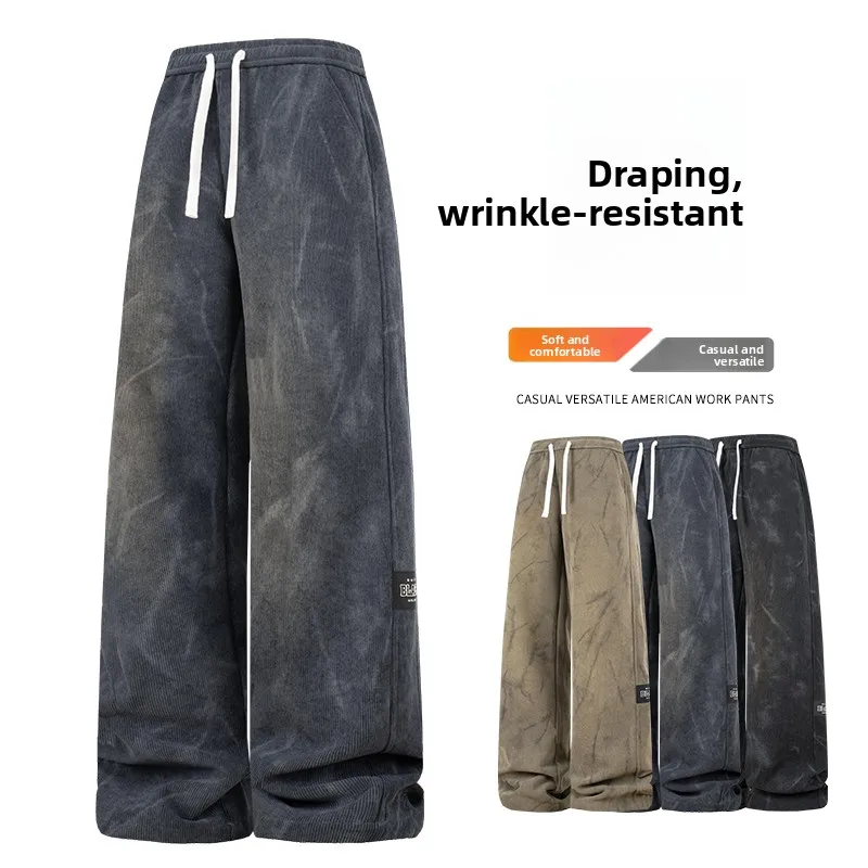 2025 خريف شتاء جديد بلون فضفاض صالح تنوعا الرجال واسعة الساق سراويل تقليدية كسول نمط مستقيم الساق رياضي سراويل طويلة