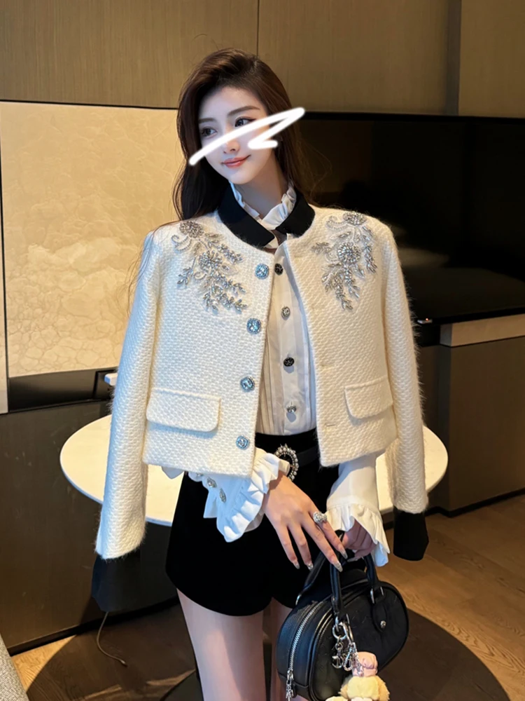 

Шерстяное стеганое пальто для женщин с пайетками и вышивкой, в стиле французского шика, для повседневной носки, с богатой отделкой