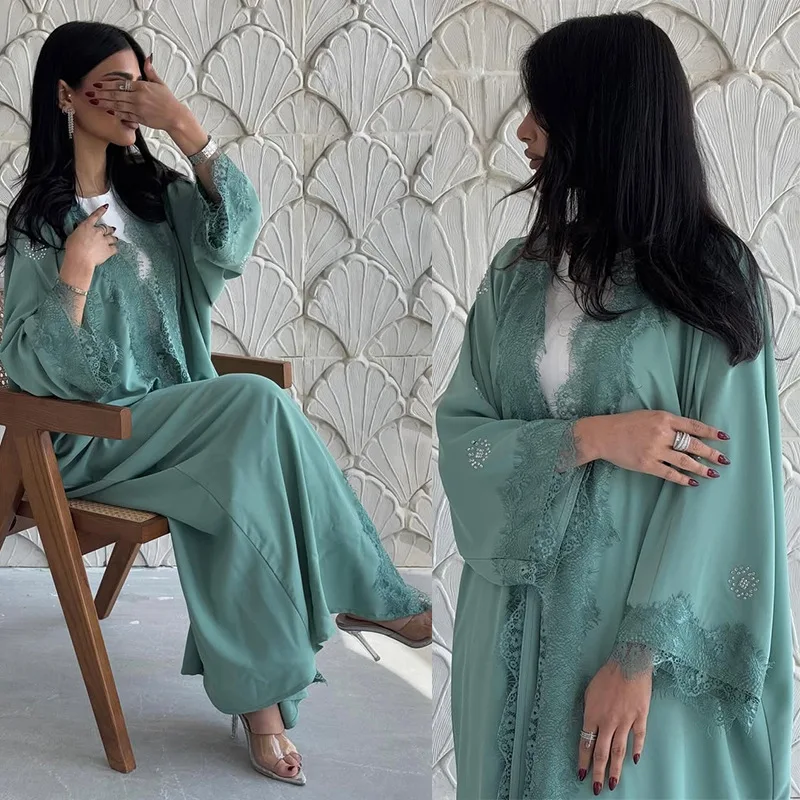 

2025 Modest Elegant Kimono Abaya New Lace Spliced Long Open Robe for Muslim Women Traditional Islamic Clothing