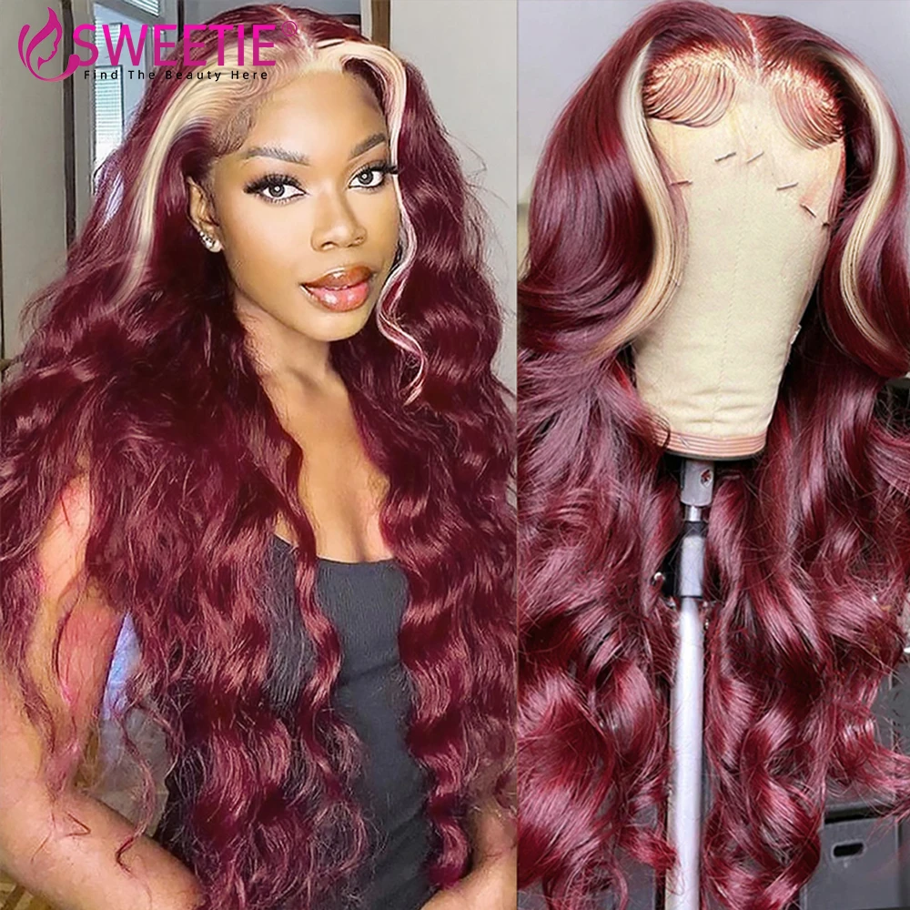 

Burgundy 99j Red With 613 Blonde Stripe Lace Front Wig Pre Plucked 180% 13x6 Lace Frontal Human Hair Wigs 13x4 Lace Frontal Wigs