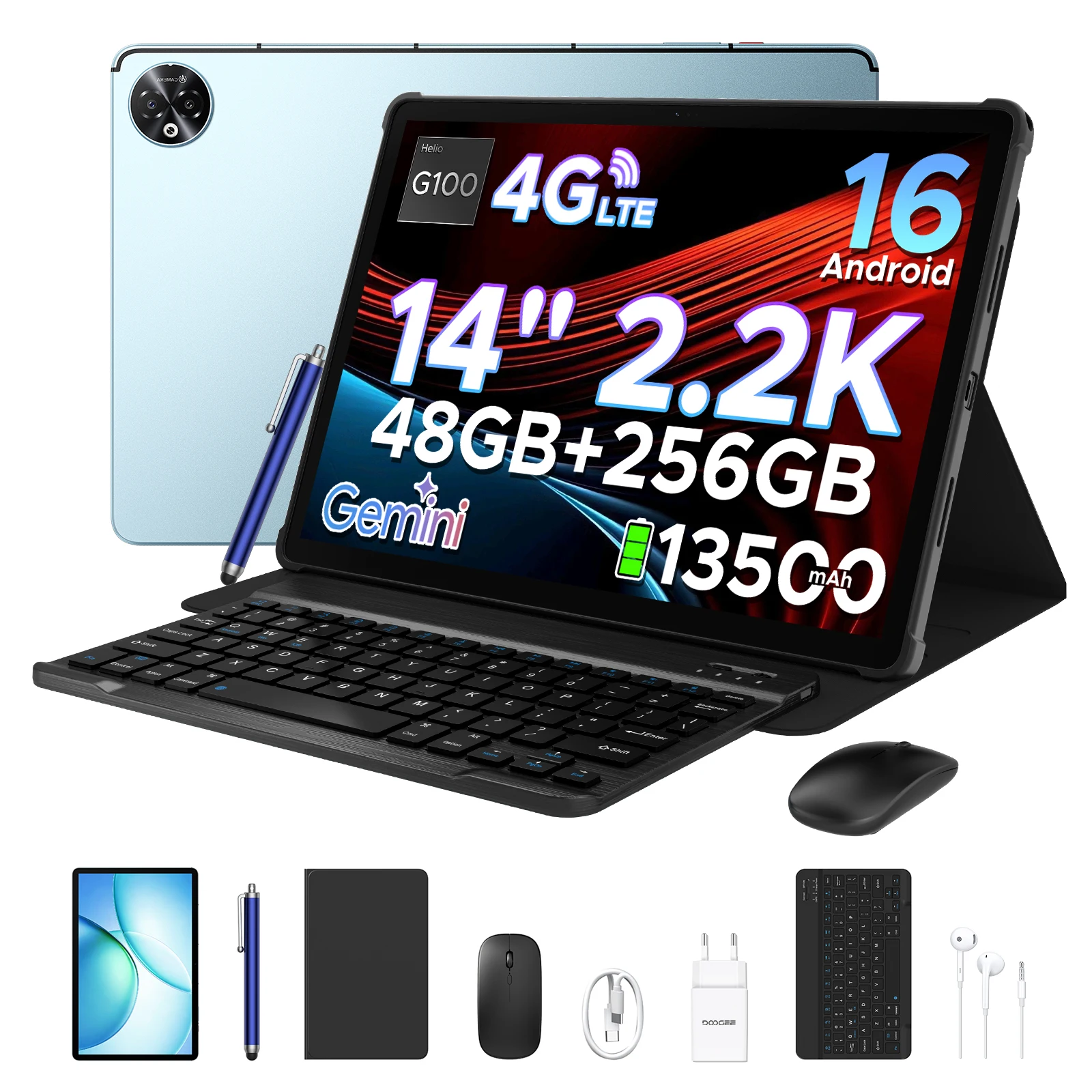 DOOGEE Tab E3 Max Tablet PC 14'' 2.2K Scherm 48GB 256GB 13500mAh Grote Batterij Helio G100 16MP Gemini AI Android 16 Smart Pad