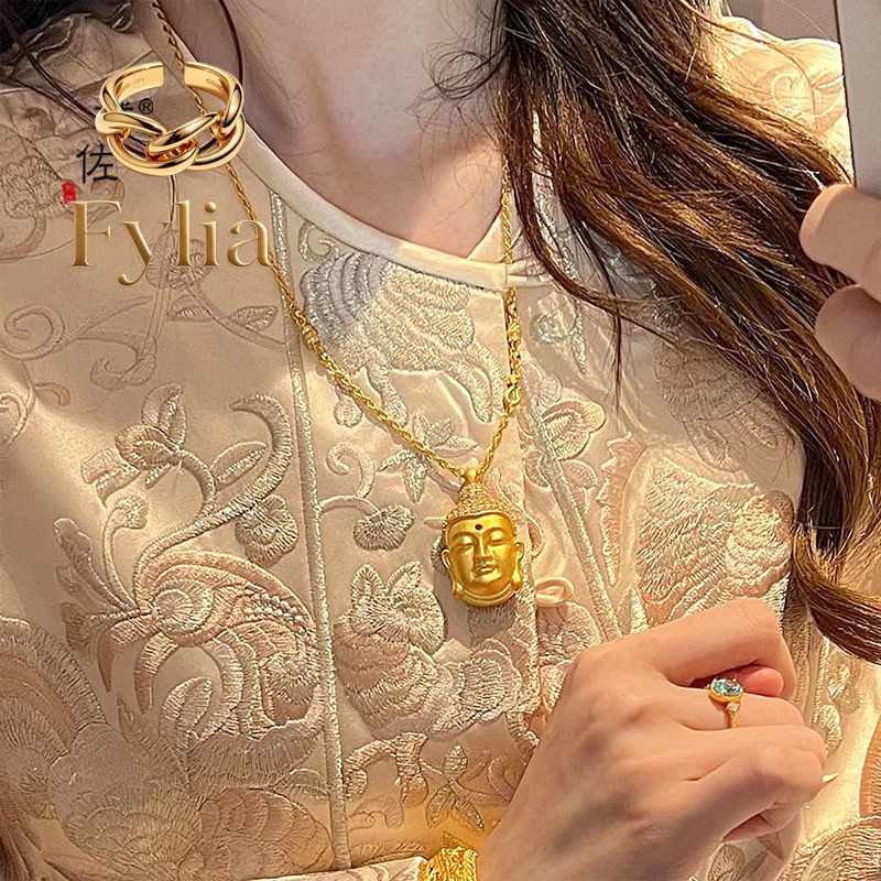 Fylia Jewelry  gold Store 9999 24K real gold diy Diamond-encrusted Buddha Head Pendant Necklace Buddha Light Luxury Jewelry