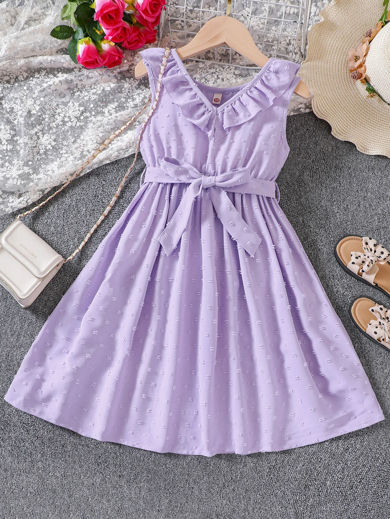 Zhongda Children's Summer New Product Girl's Sweet And Cute Little Fresh Solid Color Jacquard Lace Neck Dress