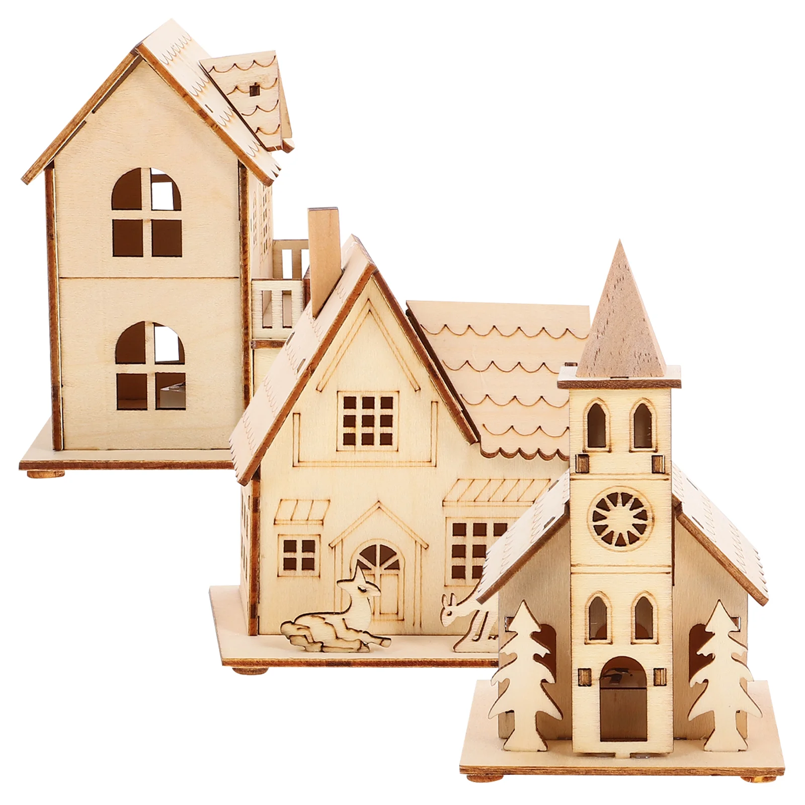 3 Pcs Buildings Wooden Luminous Cabin Ornaments Mini Christmas Xmas Decor