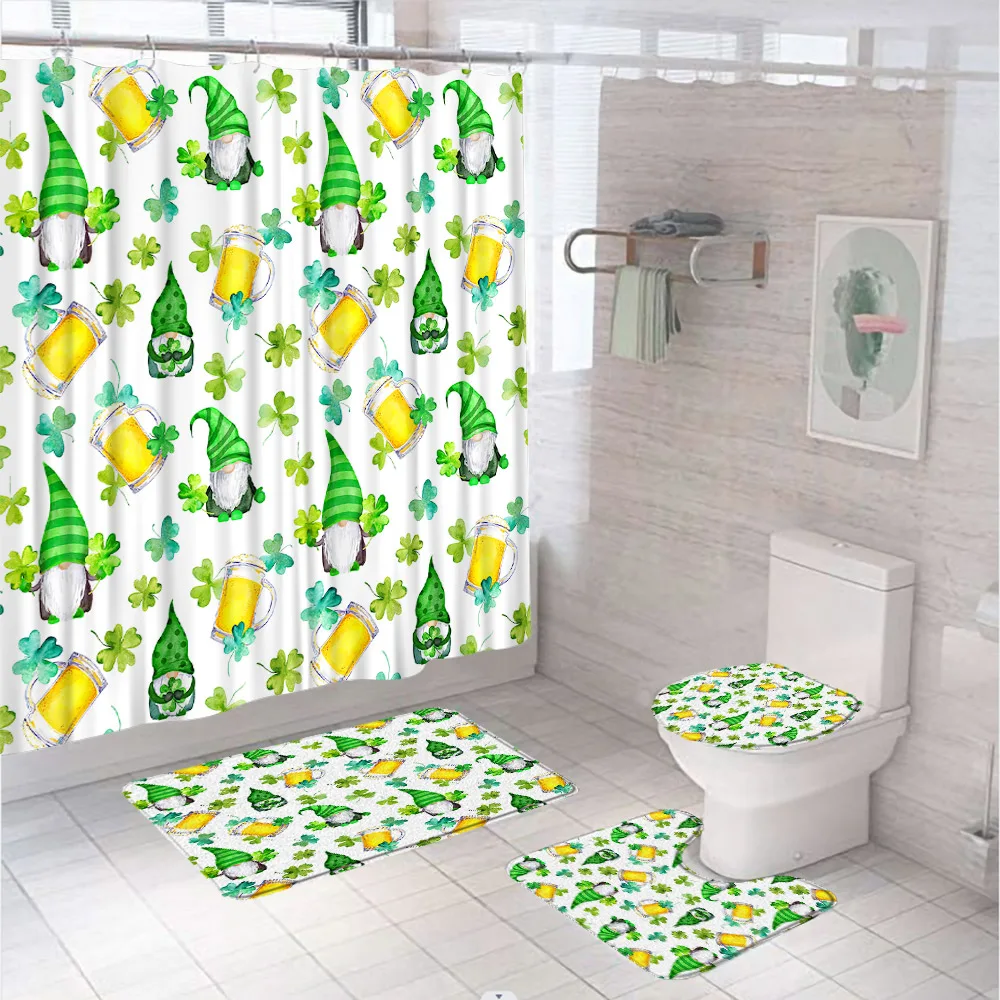 Happy St Patricks Day Bathroom Set Shower Curtain Green Clover Shamrock Leaf Irish Gnome Elf Non-Slip Bath Mat Rug Toilet Cover