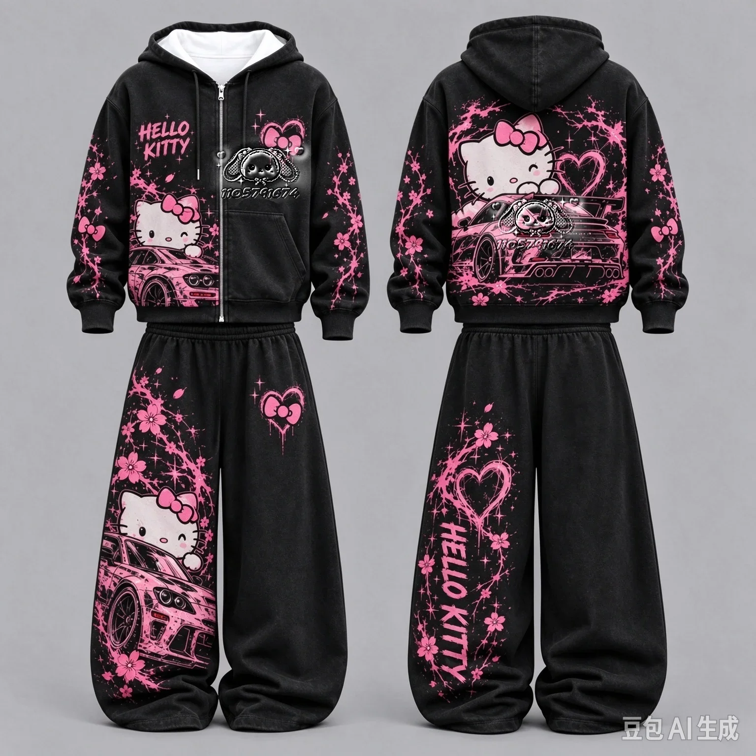 26/27 Spring Autumn Cute Cat Sports Car Sakura Print Zip Up Hoodie Set Loose Unisex Cos 2 Piece Outfit FamilyMatching