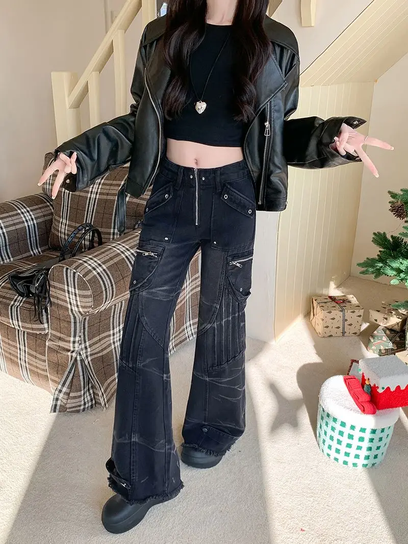 Women's Black Gothic Cargo Baggy Jeans Y2K Harajuku High Street 2000s Style Streetwear 90s Retro Jeans Pants Clothing 2025 Black