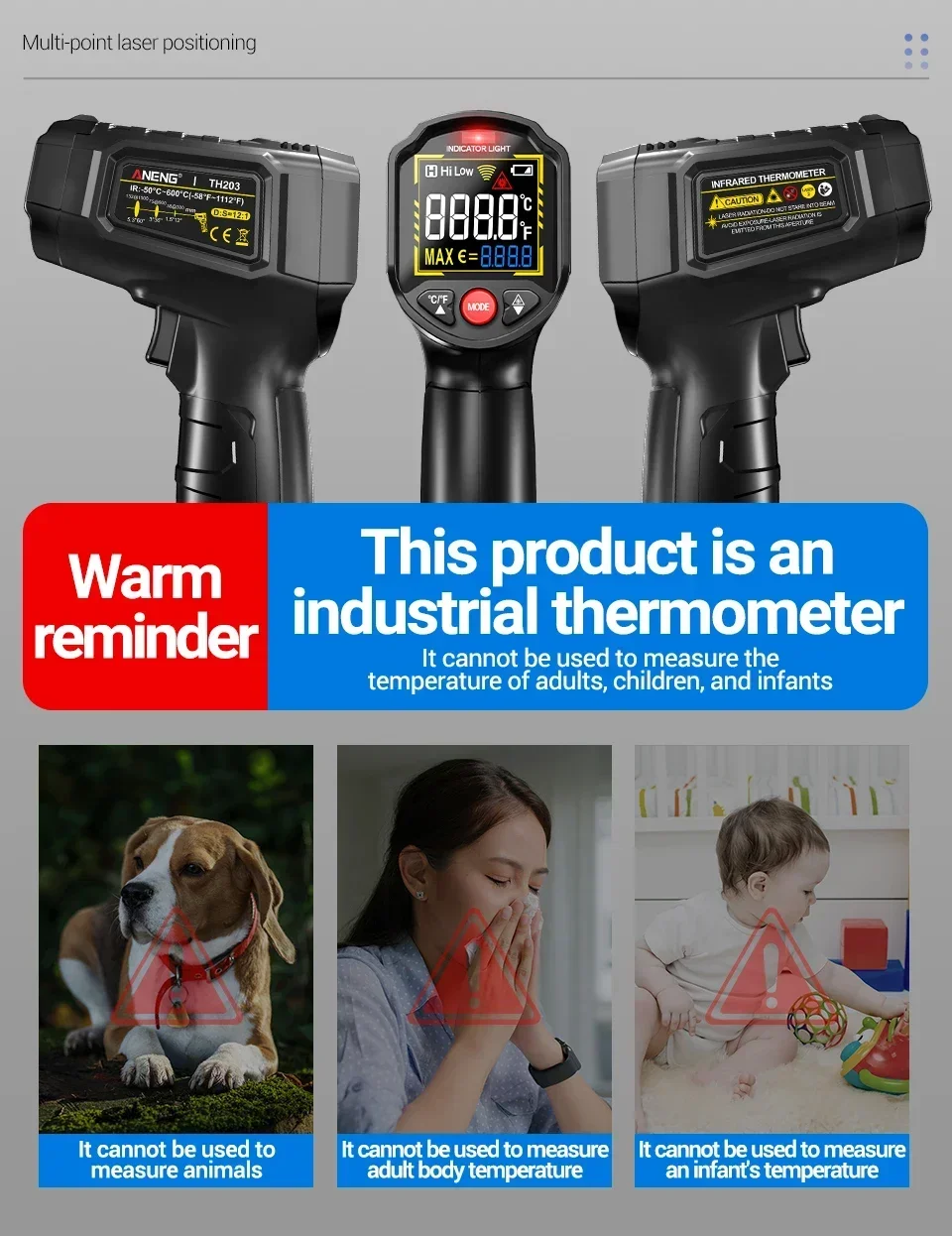 ANENG TH203 Digitales Infrarot-Thermometer -50~600°C ℃ Temperaturmessgerät, berührungsloses Pyrometer, Tester, IR-Hygrometer, Industriewerkzeug – Detail 16