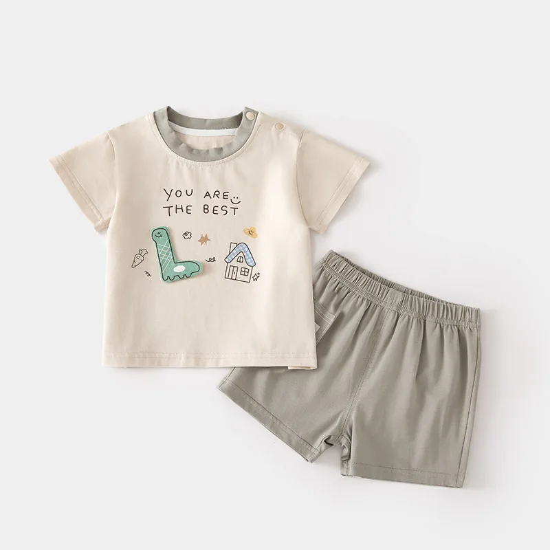 Baby Short-Sleeved T-shirt Suit Home Wear Thin Summer Boys and Girls Shoulder Open Shorts Loose Baby Outerwear