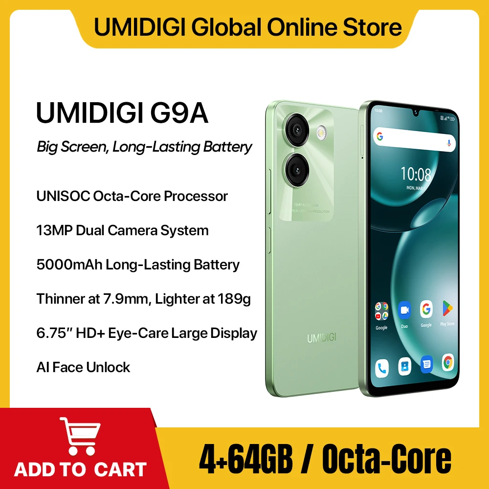 UMIDIGI G9A Smartphone Android 14 Cell Phone 6.75” 5000mAh 4G 64G 13MP AI Camera UNISOC Octa-Core Cellphones