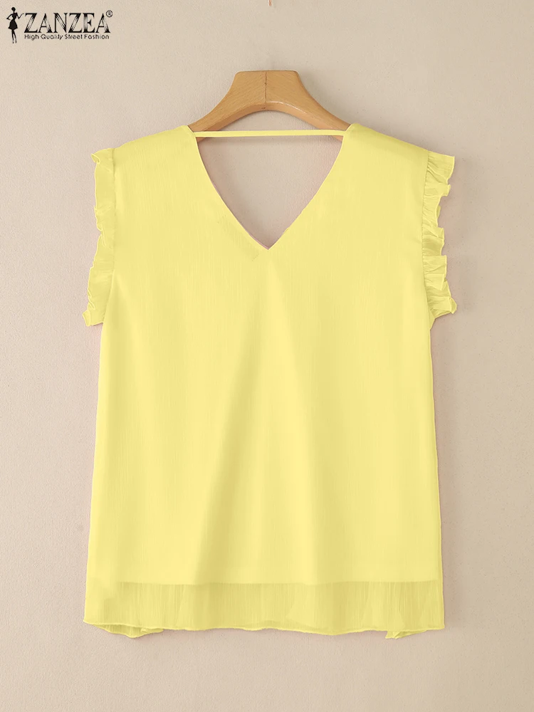 ZANZEA Vrouwen Chiffon Tanks Tops Zomer Tees Sexy V-hals Effen Kleur Shirts 2025, Fashion Casual Losse Mouwloze Verstoorde Shirts