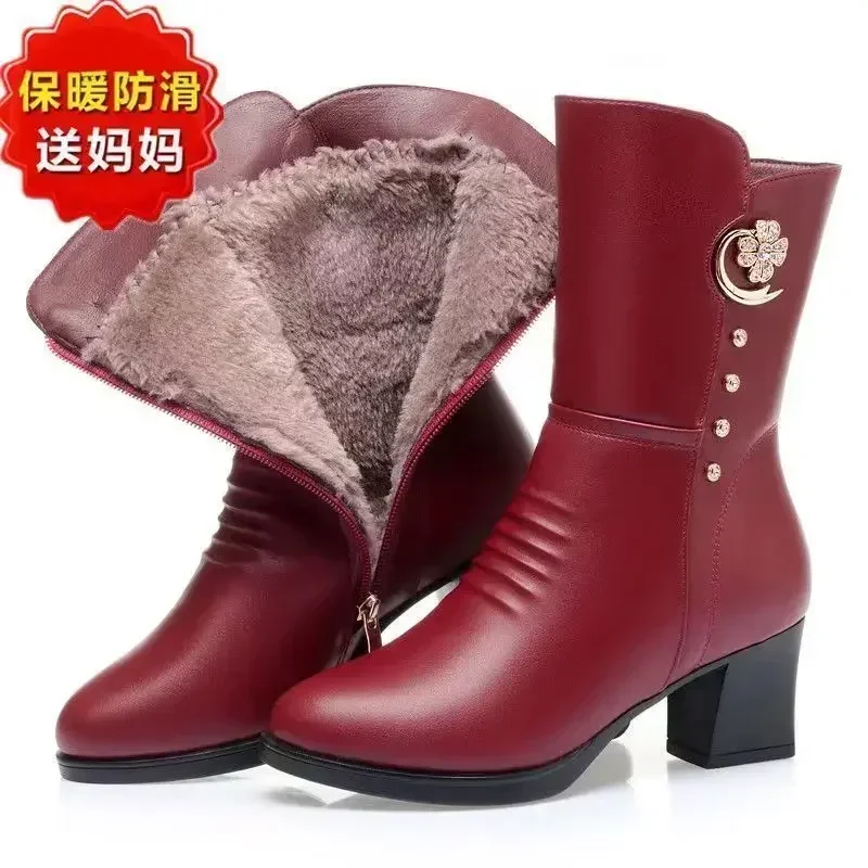 Soft Leather Ankle Boots for Women Spring Winter Plush Warm Side Zipper Round Toe High Heel Lady Boots Casual Mom Shoes