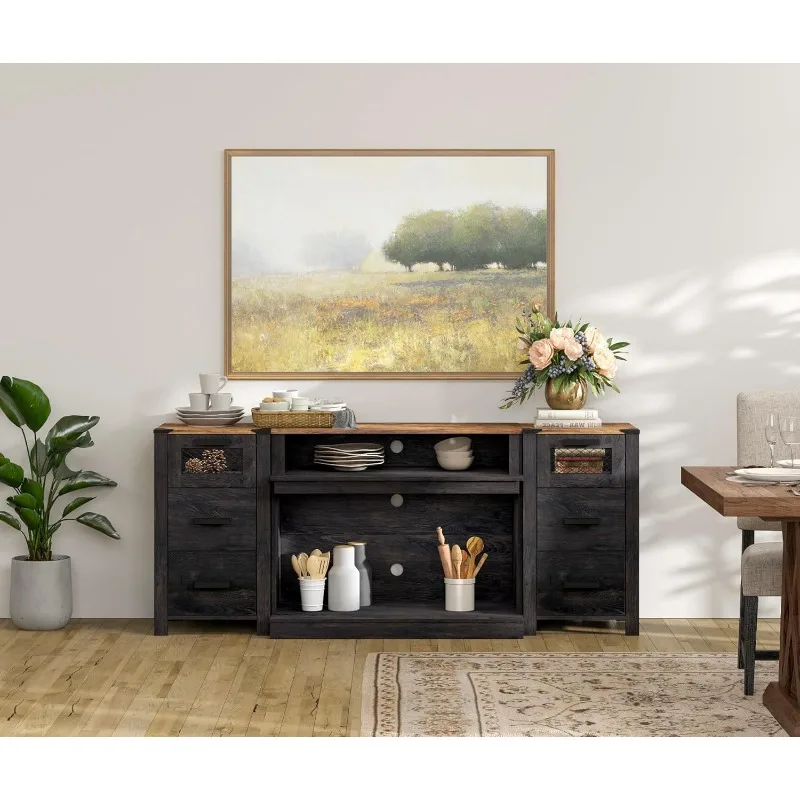 Sideboard Buffet Cabinets with Drawer Storage, Wood Coffee Bar with Open Shelves, Wood Accent Storage Table Cabinet for Dining