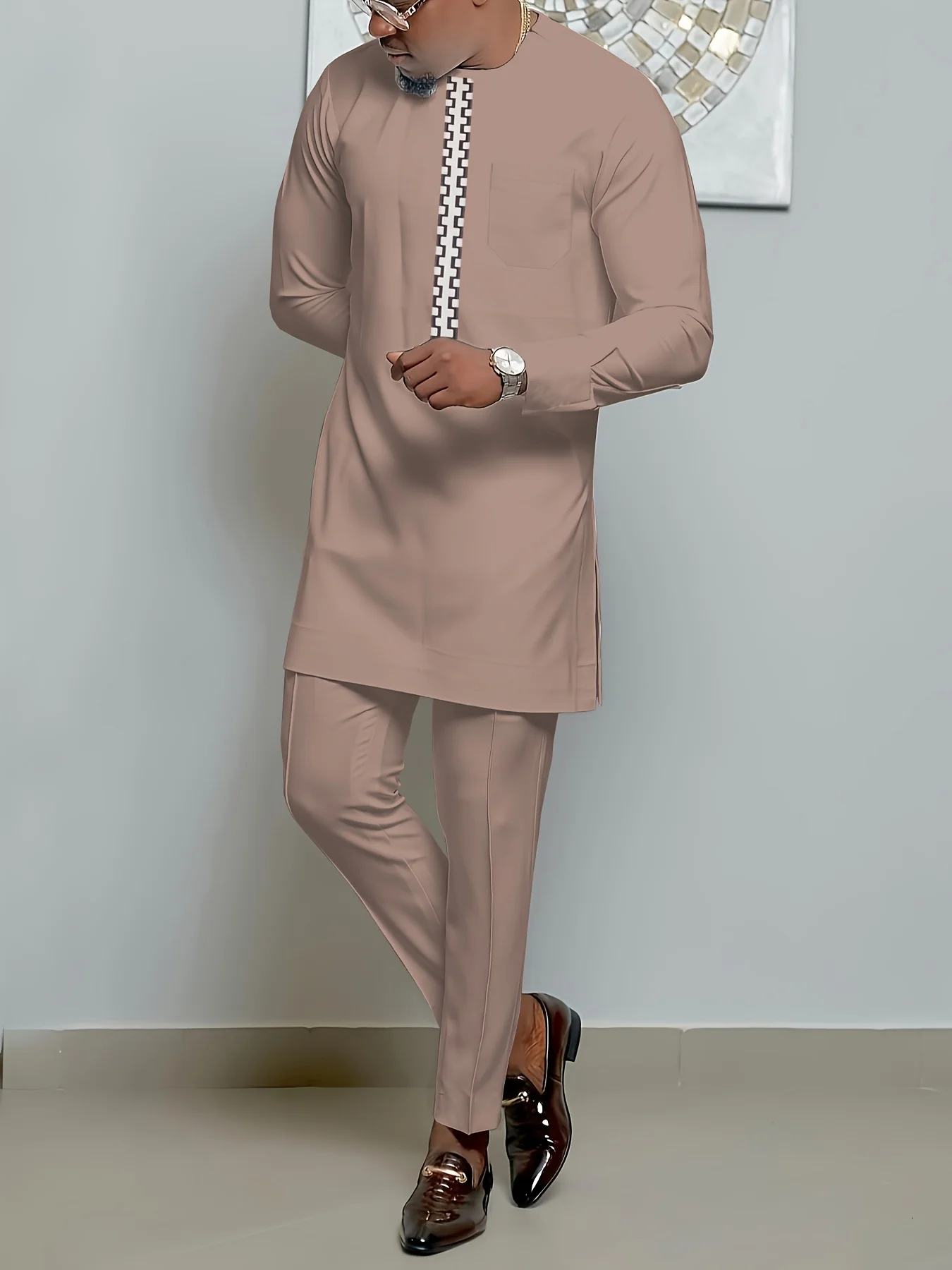 

Men's Casual Long-Sleeved Two-Piece Set: Mid-Length Top and Trousers