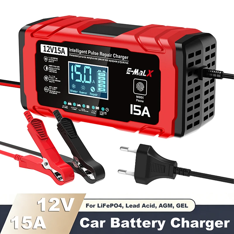 

12V 15A Car Battery Charger Large Screen Display Pulse Repair For LiFePO4, Lead-Acid, AGM, and Gel Batteries Smart Charging