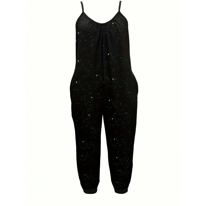 พลัสขนาดผู้หญิง 1XL-5XL แฟชั่นลําลองสีทึบสบาย Suspender Jumpsuit