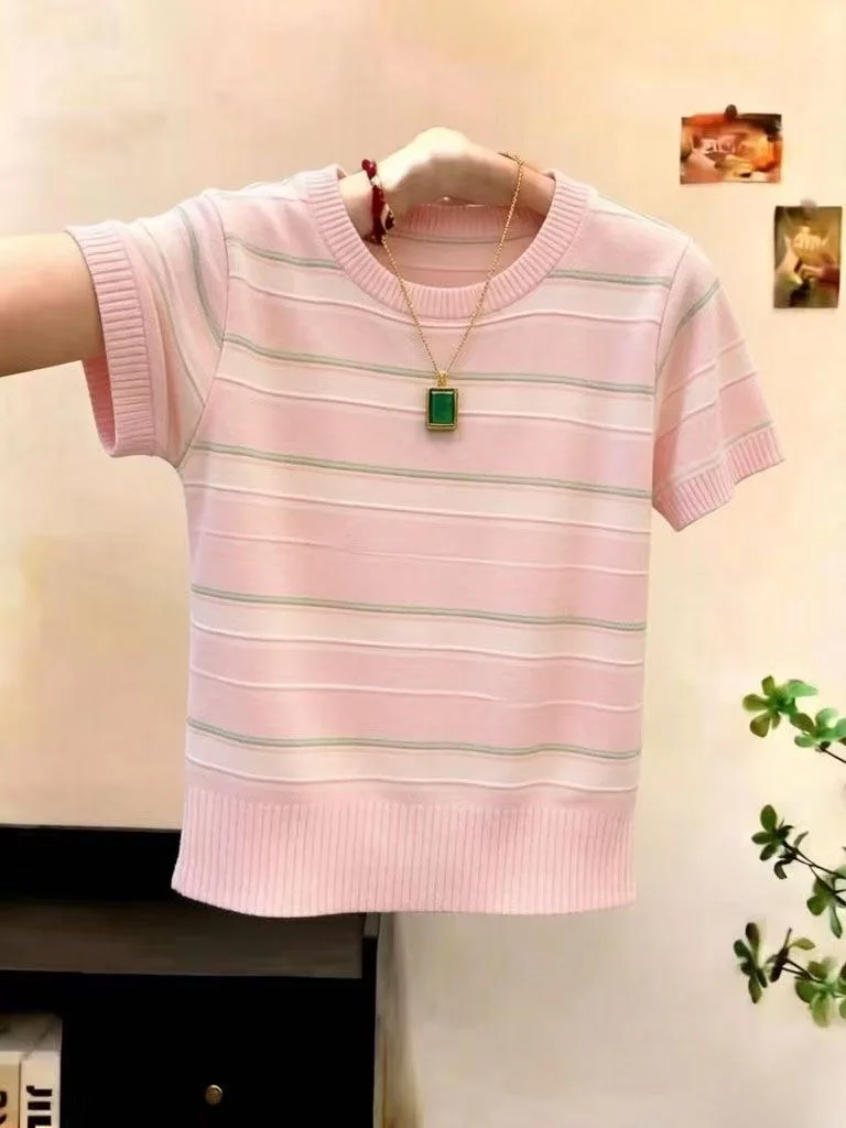 

Korean Style Ice Silk Women's T-Shirt Short Sleeve Knitted Stripe Pattern Breathable Comfortable Summer Top Fashionable Ageless