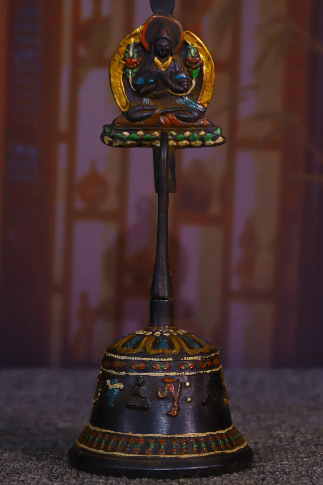 Bronze Painted Tsongkhapa Buddha Bell Sanskrit pattern Ring A bell Amulet Dharma