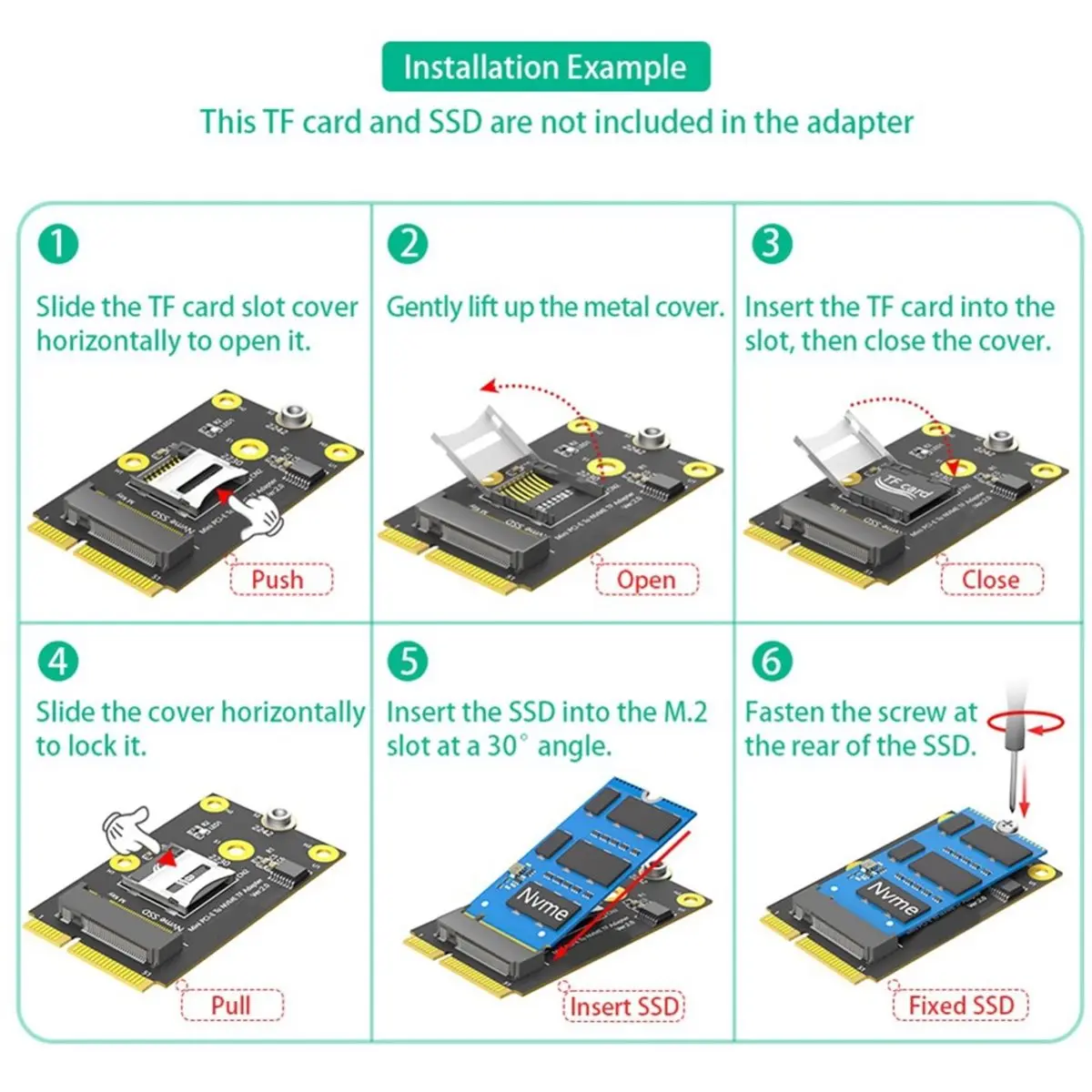 computer 2 In1 Mini PCI-E to TF Card USB2.0 and M.2 NVME Key-M SSD Adapter Compatible with NAS Industrial Control Motherboard