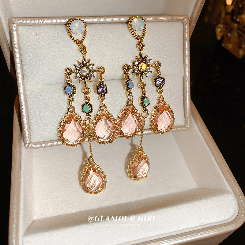 Silbernadel-Ohrringe mit Eingelegten Diamanten und Künstlichen Kristall-Wassertropfen-Quasten, Elegant Vielseitig Modisch Retro Leicht Luxuriös
