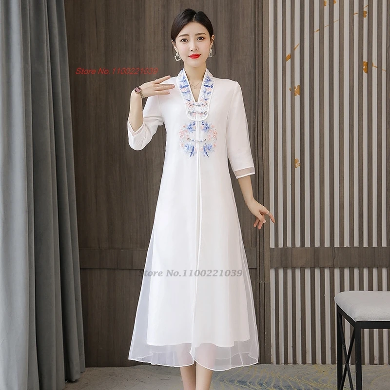 2024 chinese traditional dress improved chiffon cheongsam national flower embroidery a-line dress oriental banquet party dress