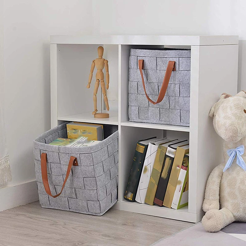 Felt Storage Baskets With Handles Soft Durable Toy Storage Nursery Bins Home Decorations (Grey)