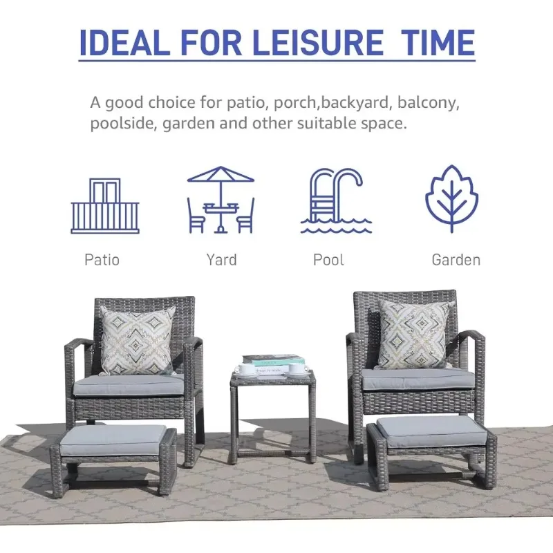 

5 Piece Outdoor Patio Wicker Furniture Set, All Weather PE Rattan Chair and Ottoman Footstool Set, W/Coffee Table, Cushions
