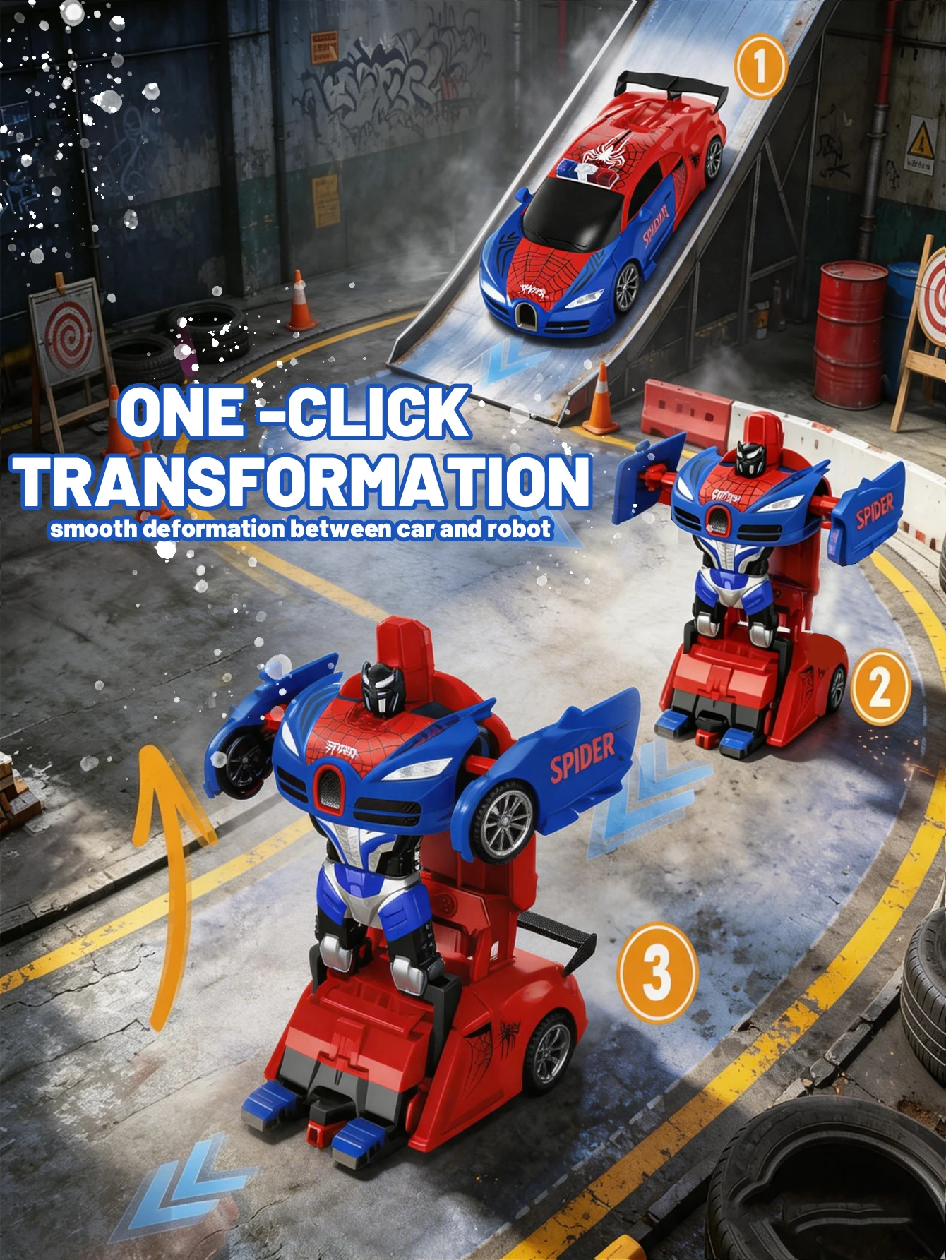 1:20 Spider Remote Control Car Transforming Robot Toy, 2.4Ghz RC Sports Car with One-Button Transform, Spider Web Design, Ch