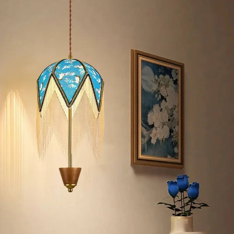 

SANDYHA French Fabric Pendant Light Elegant Tassel Design Cozy Living Room Dining Table Bedroom Bedside Accent Lighting Modern