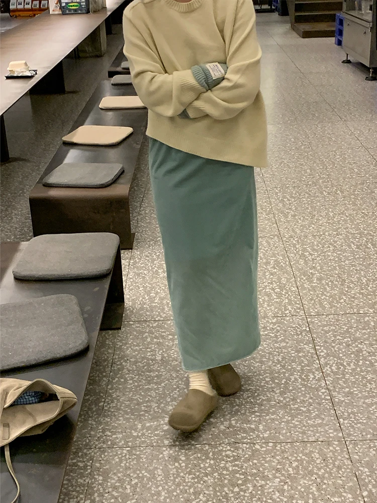 

Мятная бархатная юбка миди с эластичным поясом, прямого кроя, длинная, женская, зимняя, модная, для офиса, в корейском стиле