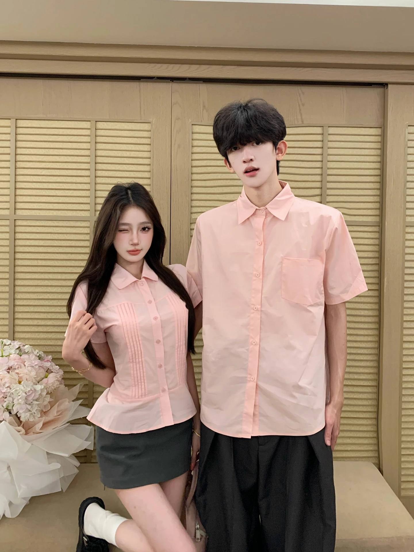 Korean College Style Couple Clothes Summer Short Sleeve Shirt Men Women Lace Hem Waist Slim Fit Shoulder One Long One Short S...