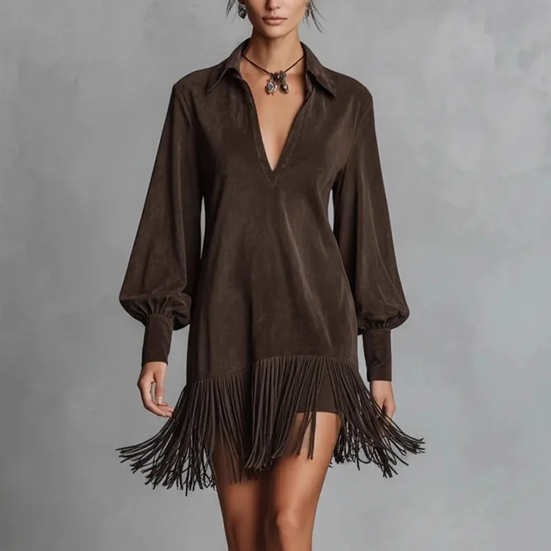 Women Retro Solid Imitation Suede Tassel Dress Lapel Hollow A Line Short Long Sleeve Party Spring