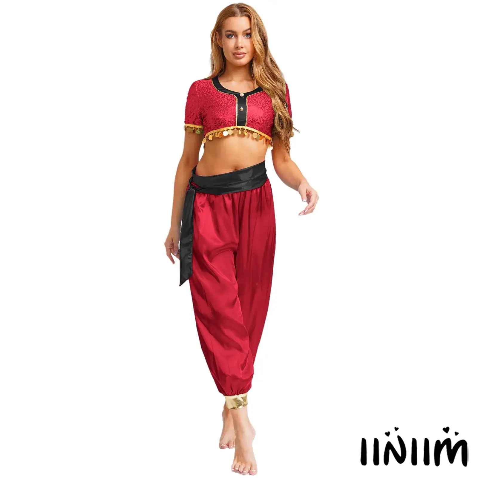 

Sparkling Belly Dance Costume Set for Womens Sequin Tassel Crop Top with Satin Bloomers and Waist Belt for Halloween Parties