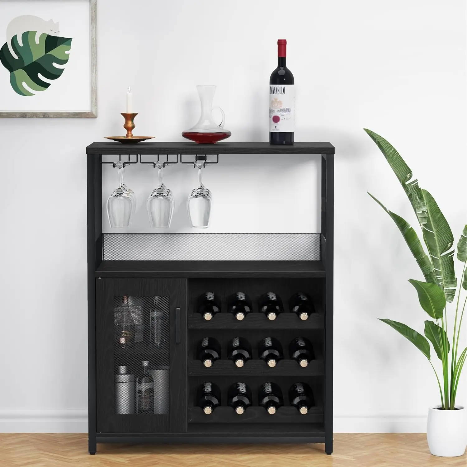 

Detachable Wine Rack Bar Cabinet with Storage, Glass Holder & Mesh Door - Small Buffet Sideboard for Liquor and Glasses