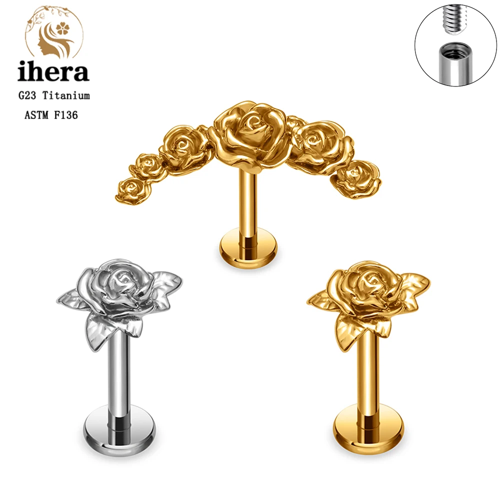 Piercing en Titane ASTM F136, motif Fleur Rose, à dos plat, 16G, filetage interne, pour lèvre, oreille, cartilage, tragus, hélix, conque