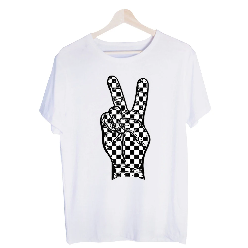 Men's Checkerboard Peace Sign Graphic Tee, Short Sleeve Crew Neck Streetwear T-Shirt for Casual Daily Wear