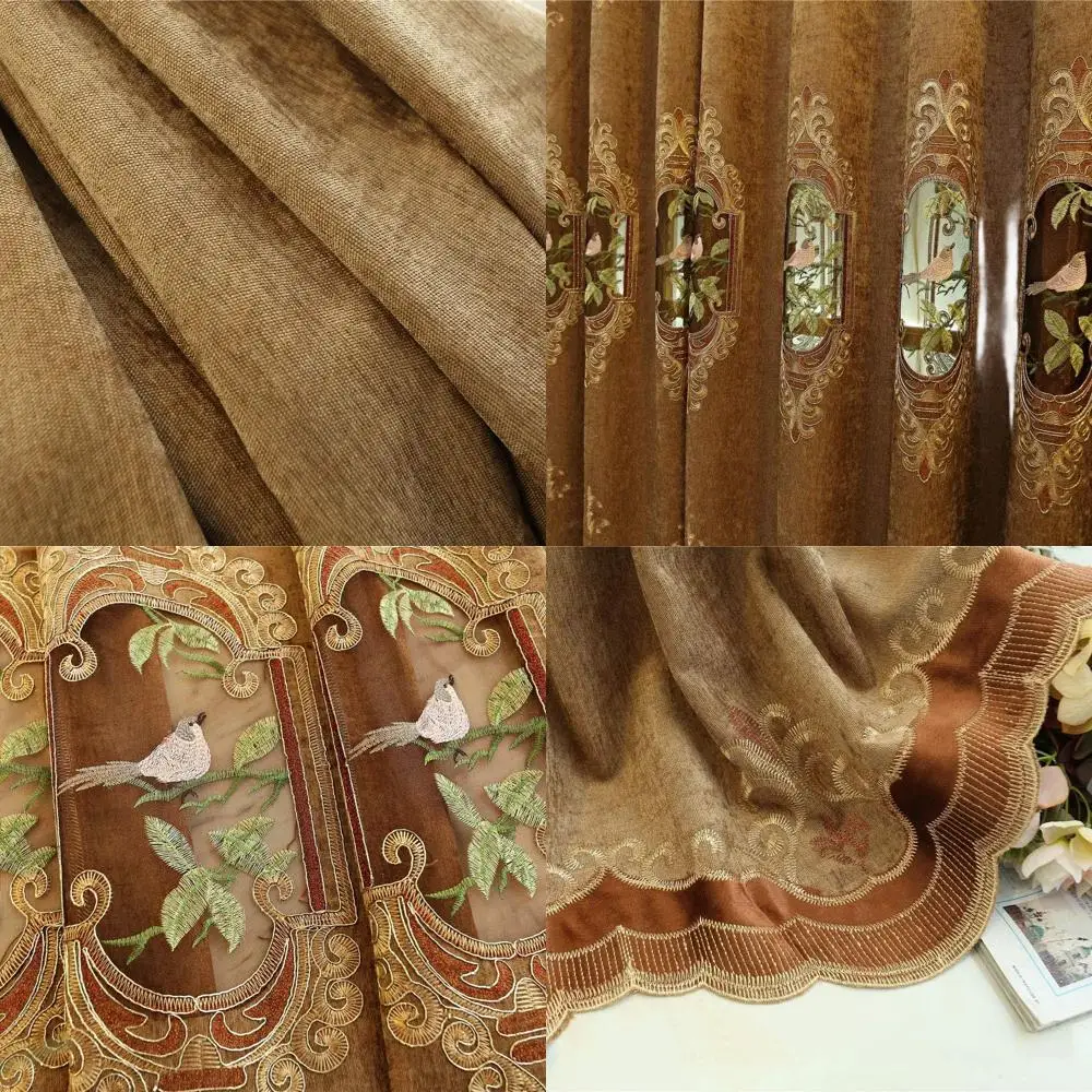 

Элегантные шторы с 80% затемнением, с вышивкой птиц, на люверсах, коричневые, 49x96 дюймов