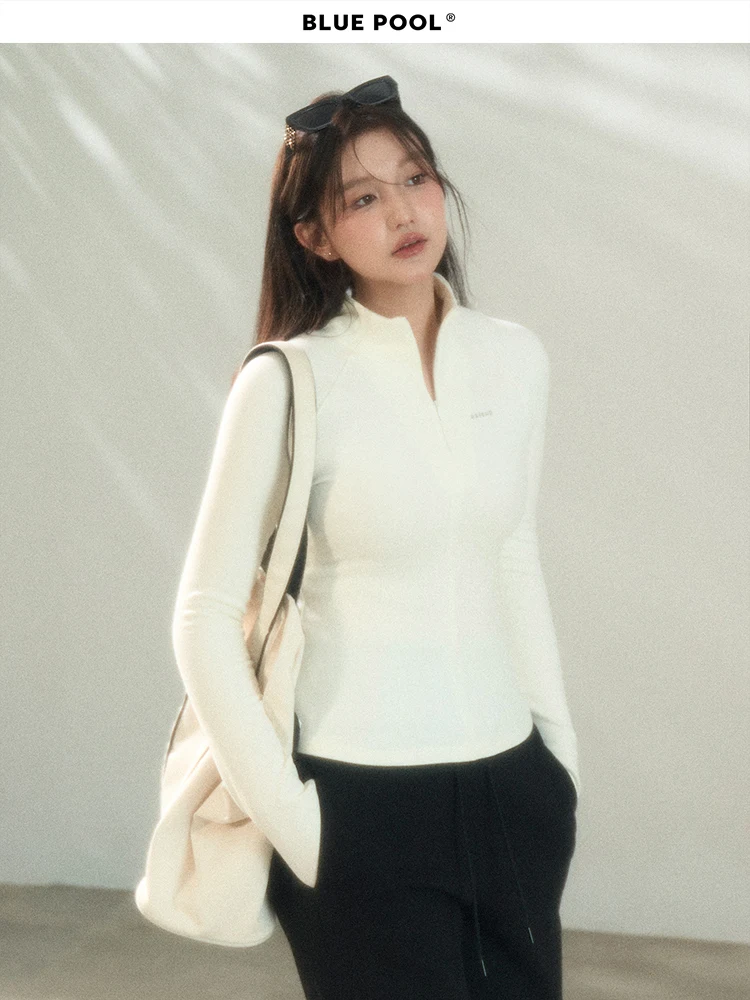 

Футболка BluePool больших размеров с длинным рукавом для женщин, на раннюю осень, для похудения, базовая, удобная, с воротником-стойкой, больших размеров