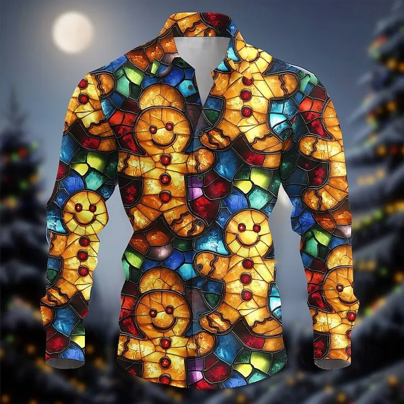 Christmas Gingerbread Casual Men's Button Up Shirt Long Sleeve Party Evening Daily Fall Winter Spring & Summer Shirt Collar Butt