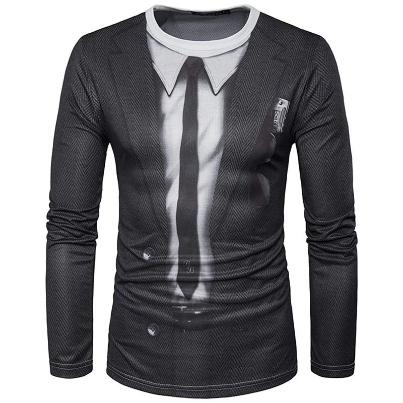 Realistic Suit Tuxedo Print T Shirt For Men Fashion Cotton Long Sleeve T-shirts Casual O-neck Loose Pullover Autumn Men Clothing