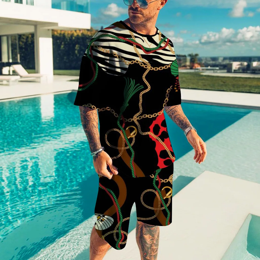 

Новинка 2025, европейская и американская новая быстросохнущая мужская повседневная футболка с круглым вырезом и 3D цифровой печатью, комплект шорт с короткими рукавами