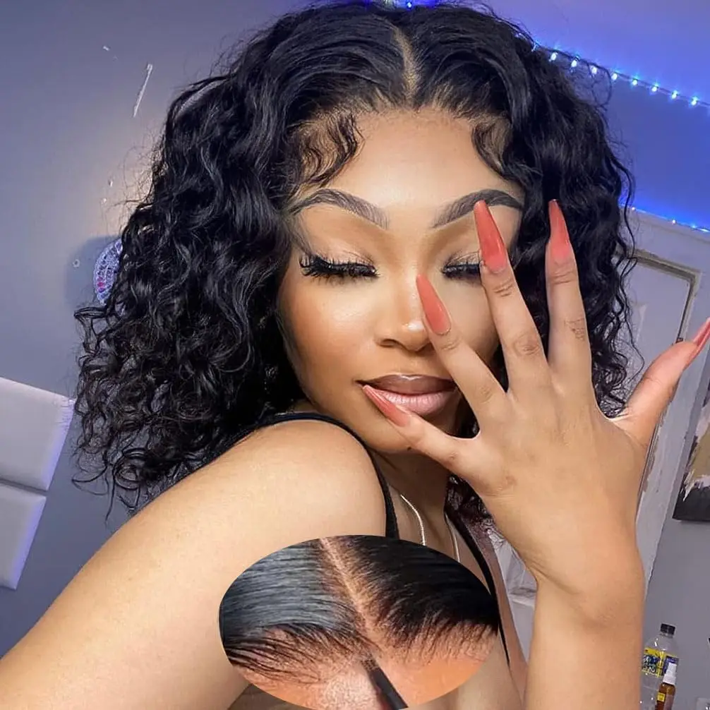 Парик Deep Wave BOB Человеческие волосы 13x4 HD Вьющиеся парики фронта шнурка Человеческие волосы Предварительно выщипанные Wear And Go Бесклеевые короткие вьющиеся фронтальные волосы BOB