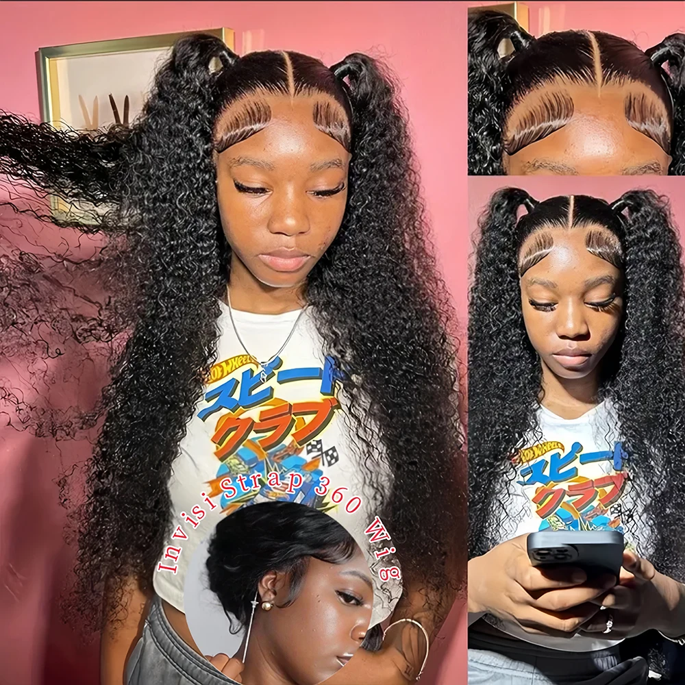 Kinky Curly Hidden Strap 360 HD Lace Frontal Wig Human Hair Pre Plucked Upgrade Invisible Drawst Glueless Wigs For Woman 250 Den