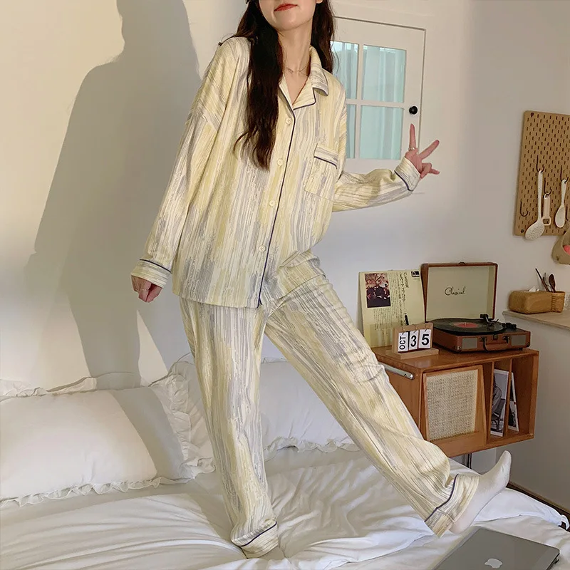 Women\'s Net Red Wind Cotton Long-sleeved Pajamas Home Wear New Ladies Casual Comfortable Loose Can Be Worn Outside The Suit Ms.