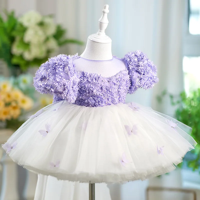 Toddler Girls Purple White Color Tulle Dress Summer Puff Sleeves Butterfly Children Princess Gown For Birthday And Wedding
