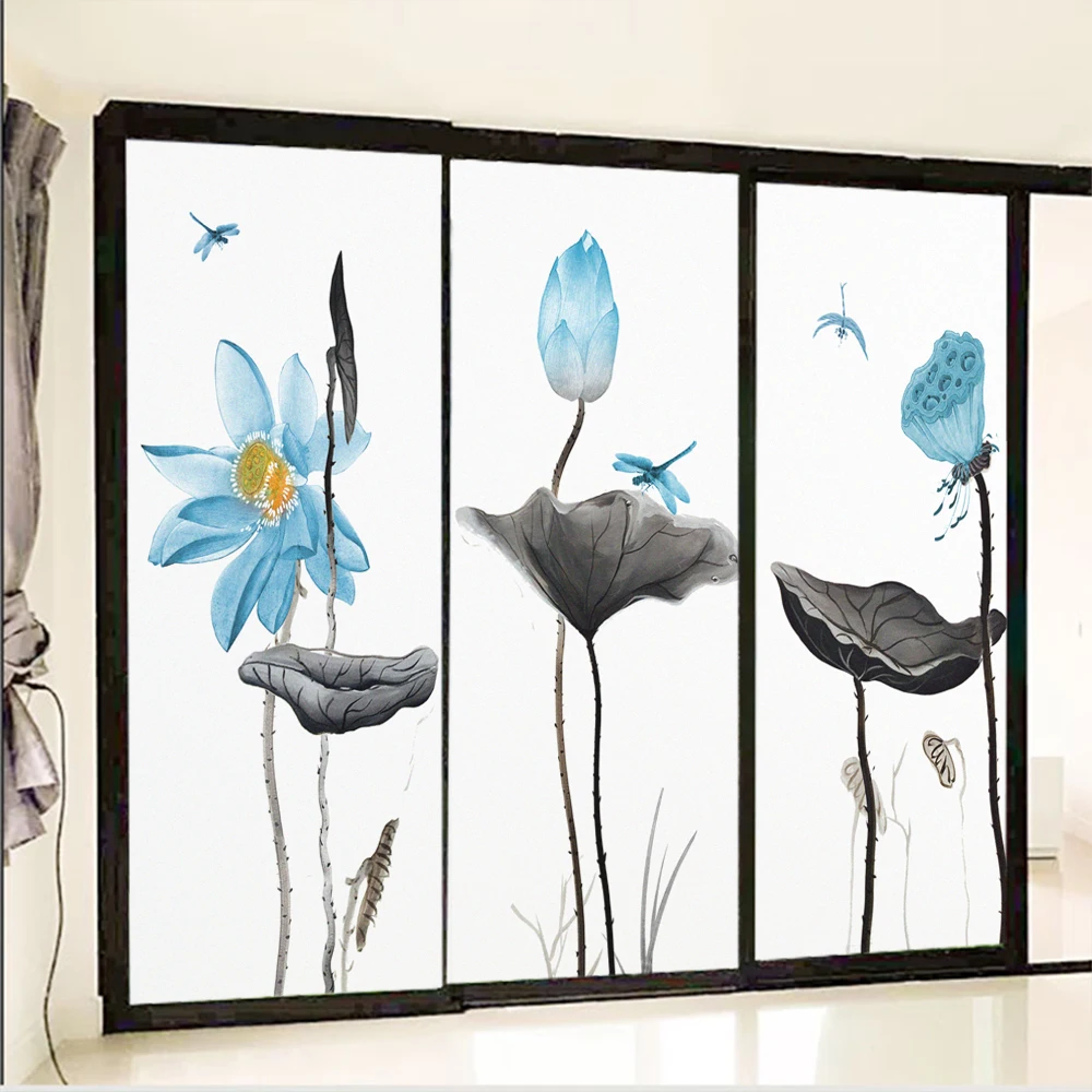 Privacy Window Film Ink Painting-Lotus Window Decoration No Glue Static Cling Frosted Glass Sticker for Home