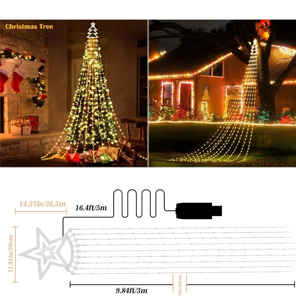 

305-светодиодная 3-метровая RGB-звезда с дистанционным управлением, питание от USB, с приложением и 10 режимами для украшения дерева, патио, сада на день рождения