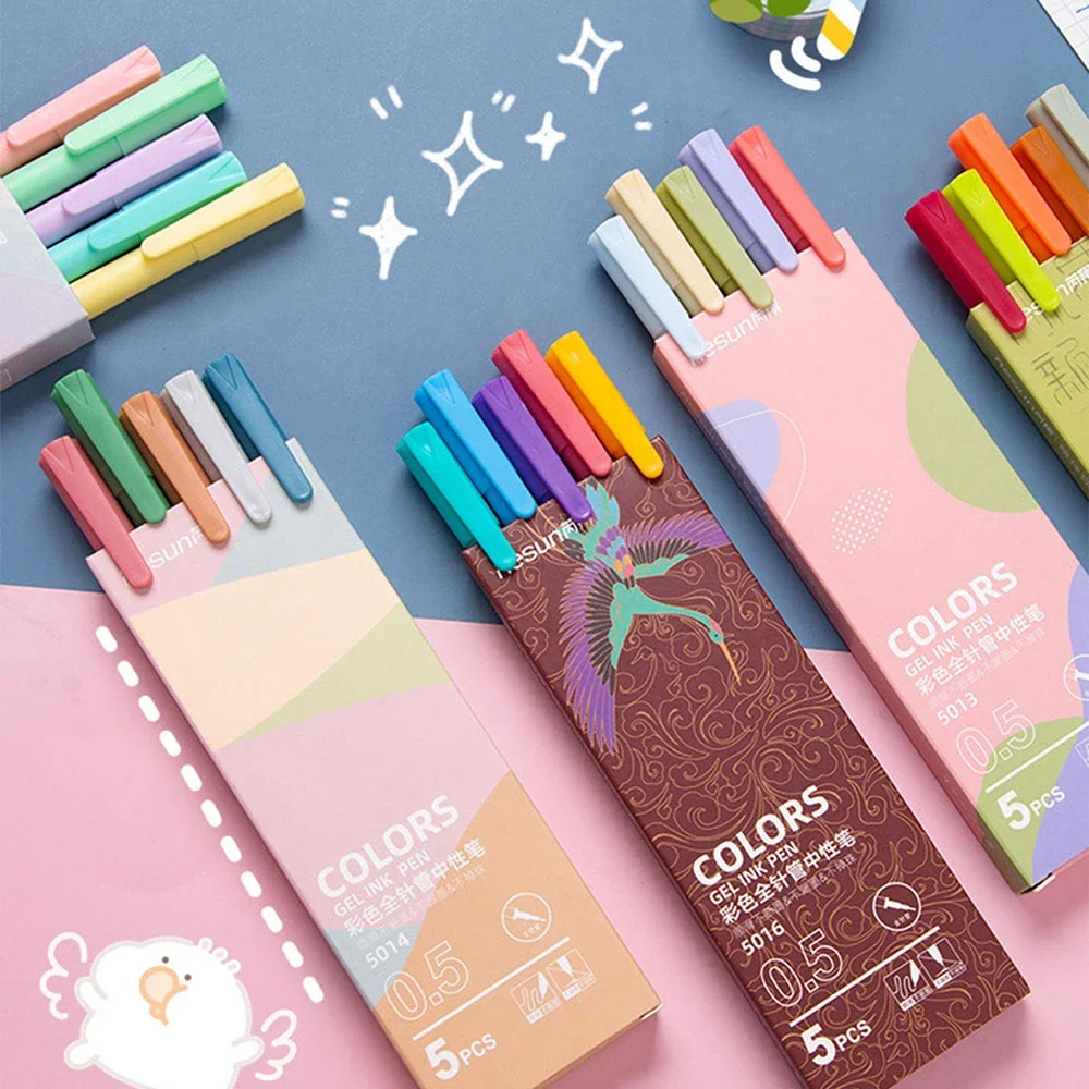 5Pcs/box Retro Kawaii Diverse Color Gel Pen Set 0.5mm Fine Tip Ballpoint Pen for Students To Write on School Stationery