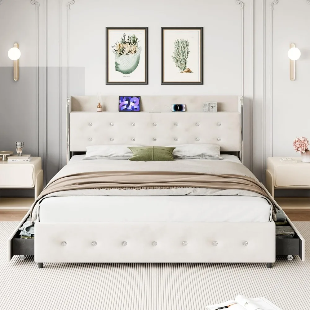 King Size Bed Frame, Upholstered Platform Bed Frame with Trundle and 4 Storage Drawers, Bed Frame with Diamond Tufted Headboard