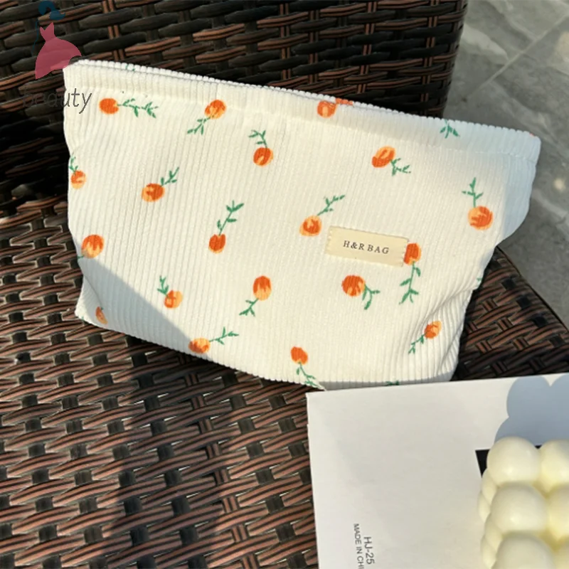 Bolsa de cosméticos de flores Retro de pana para mujer, neceser de viaje, estuches de almacenamiento de belleza, organizador de maquillaje, bolso de mano, bolsa de lavado